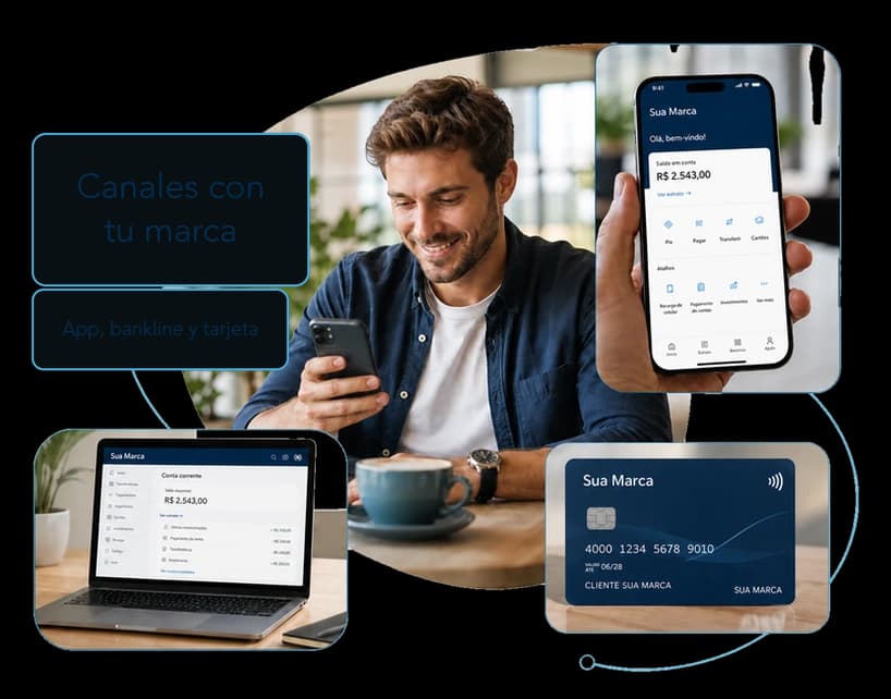 Canales whitelabel Fits: app, internet banking y tarjeta con tu marca.